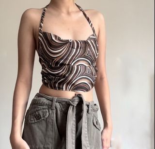 cropped swirly brown cowl neck top
