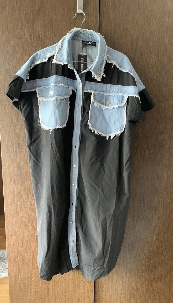Aelicia Mini Dress - Button Through Denim Dress in Mid Blue Wash