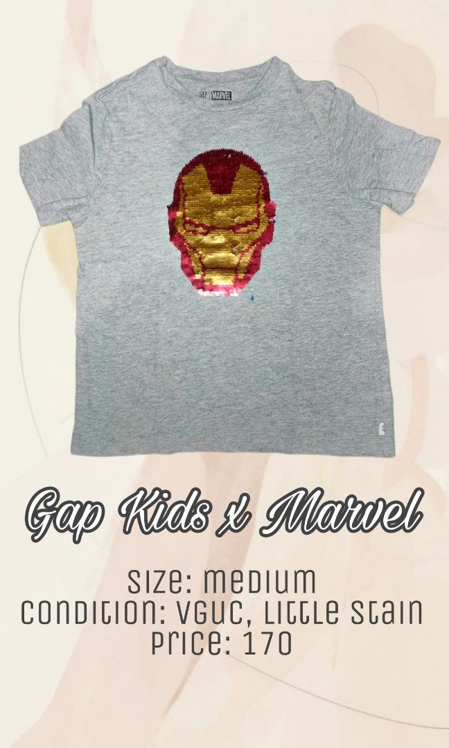 Gap Kids x Marvel Ironman (Category: Babies & Kids Fashion) located in Quezon City. Submitted by little.dane16 (Listing ID 1240281560, Image 1). Description: Size: Medium Condition: VGUC, little stain Price: 170 📌 Actual color may vary due to lighting. 📌Please manage your expectation since these are preloved clothes. 💕 Meetups Waltermart Muñoz + Handling Fee 💕 Flash Express / COD Lalamove ❌ NO CANCELLATION ❌ NO RETURN ❌ NO EXCHANGE ❌ NO REFUN