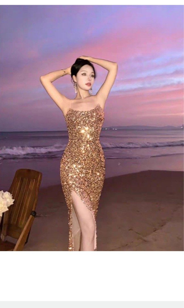 Gold sequin clearance evening dress