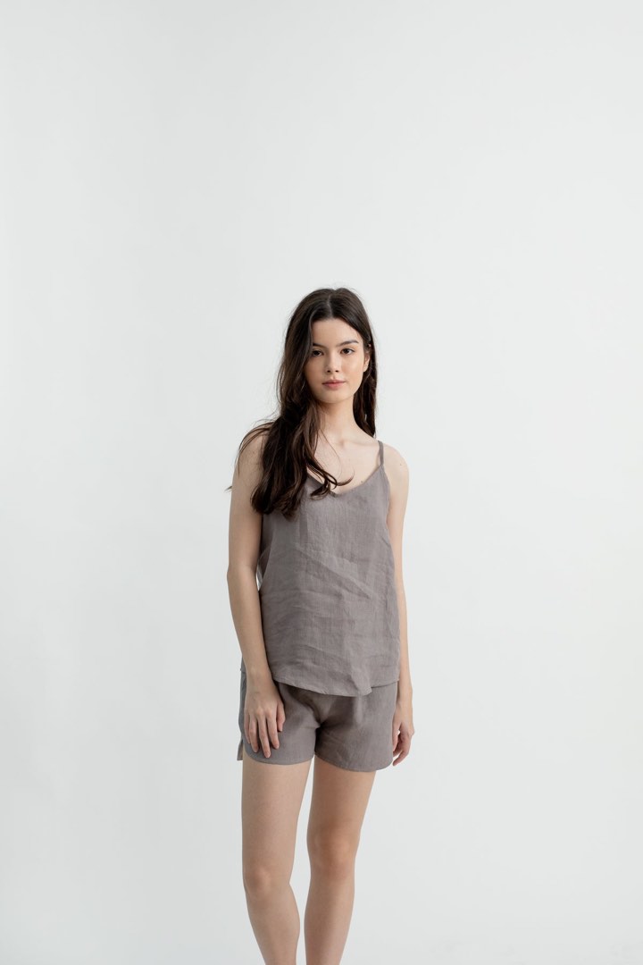 Home With Linen Loungewear Set Fossil Grey, Women's Fashion