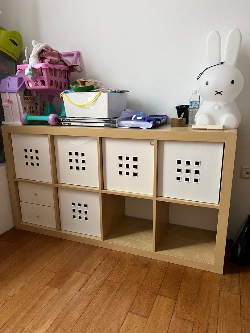 IKEA Kallax with storage bins x5, Furniture & Home Living, Furniture, Shelves, & Racks