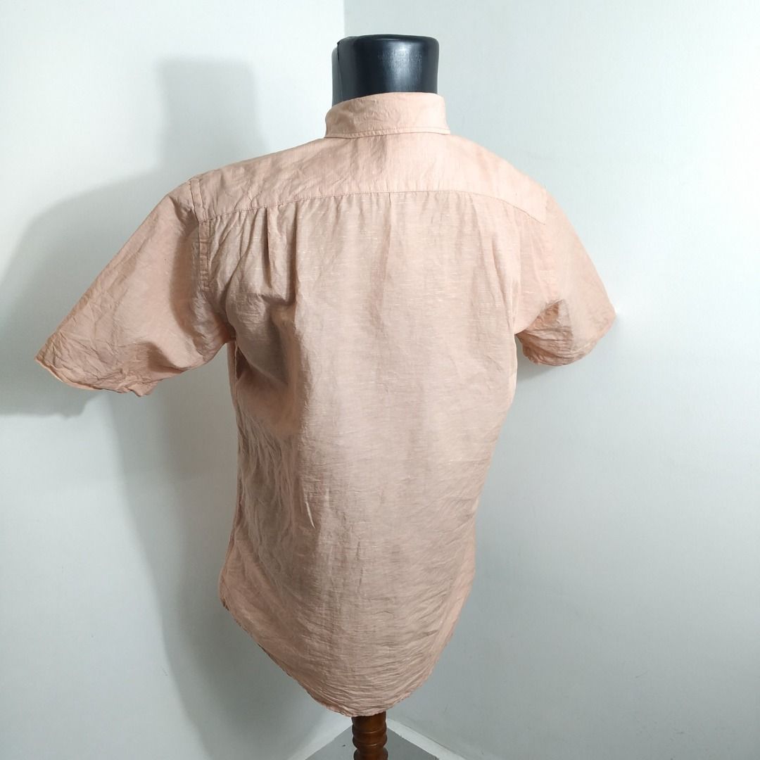 [L] UNIQLO PREMIUM LINEN COTTON SHIRT SHORT SLEEVE PEACH COLOR REGULAR FIT  OFFICE SMART CASUAL STYLE JAPAN FASHION SIZE LARGE BAJU KEMEJA