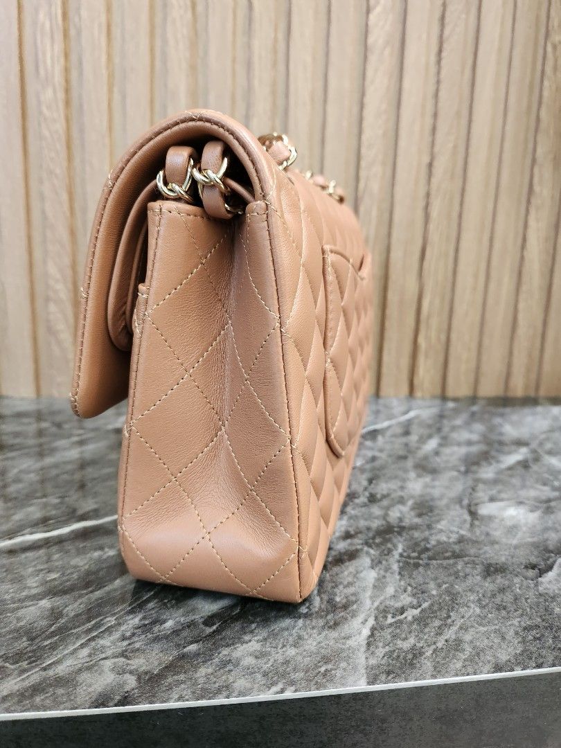Chanel Light Grey Quilted Lambskin Mini Classic Flap Light Gold Hardware, 2022 (Like New), Womens Handbag