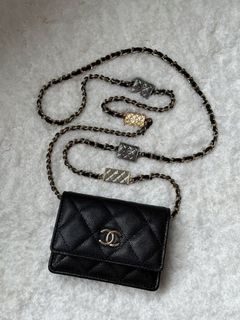Chanel 21B Black Caviar Mini Wallet On Chain Gold Card Shoulder Crossbody  Bag