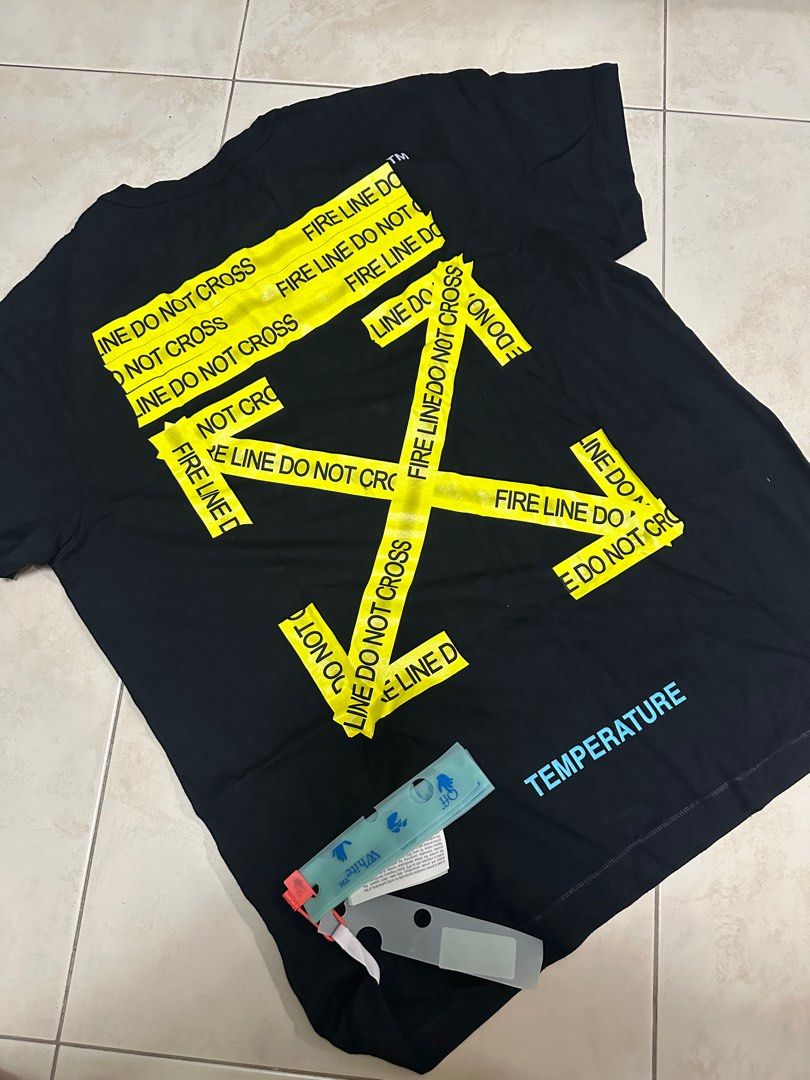 Off White Fire Tape Tee Men s Fashion Tops Sets Tshirts