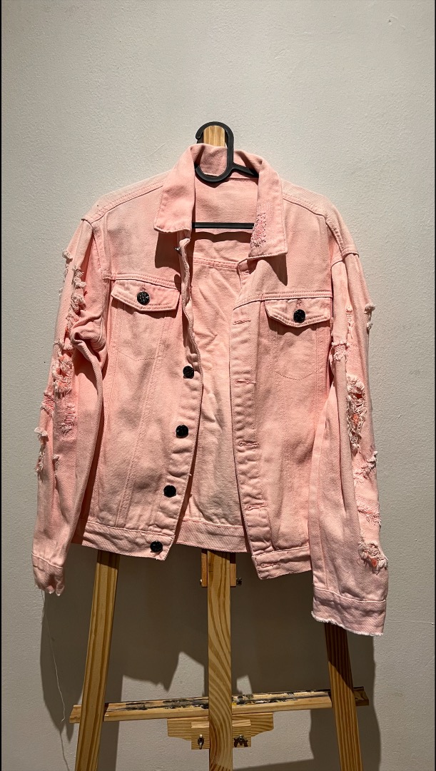 Pink Ripped Jeans Jacket Women s Fashion Coats Jackets and