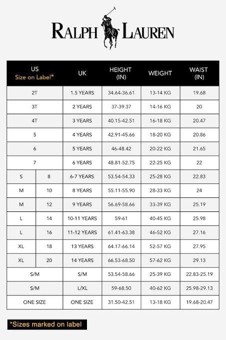 Size chart shop ralph lauren shirts
