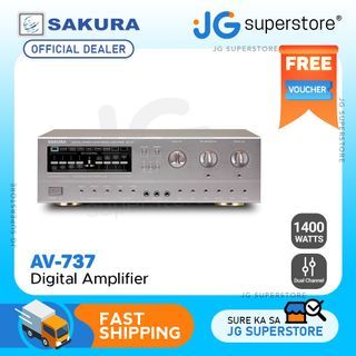 Sakura 1400W 2 Channel Digital Karaoke Mixing X 2 Stereo Amplifier with Pitch Control, MP3 Input, 5 Microphone Inputs, Digital Echo Delay and Repeat Control and Built-In 4" Fan (AV-737) | JG Superstore