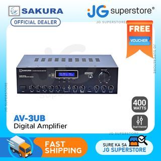 Sakura 400W 2 Channel Integrated Karaoke Amplifier X 2 with Digital LCD Display, Bluetooth, USB Port, 2 Microphone Input, Feedback Reducer and Echo Control and Built-In 4" Fan (AV-3UB) | JG Superstore