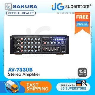 Sakura 450W Karaoke X 2 Stereo Amplifier with Bluetooth and 10 Band Graphic Equalizer, Volume Control, MP3, USB and SD Card Input, Digital Echo Delay & Repeat Control, 3 Microphone Input and Built In 4" Fan (AV-733UB) | JG Superstore