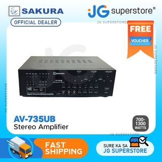 Sakura 700W / 1300W Digital Mixing Karaoke X 2 Stereo Amplifier with Bluetooth, Volume Control, MP3 Input, Digital Echo Delay & Repeat Control, 3 Microphone Input and Built-in 4" Fan (AV-735UB) | JG Superstore