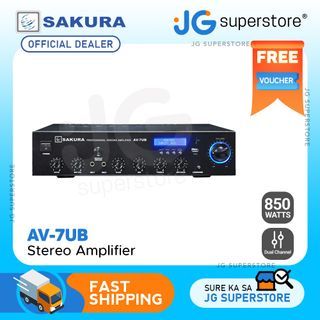 Sakura 850W 2 Channel Karaoke Speaker Amplifier X 2 with Bluetooth, FM Tuner, USB Port and SD Slot, 2 Microphone Input, Feedback Reducer and Built-In 4" Fan (AV-7UB) | JG Superstore