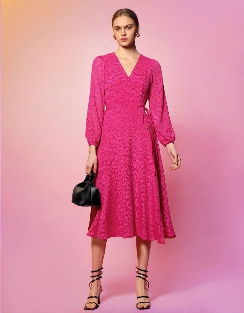 Saturday club textured chiffon wrap dress pink size S