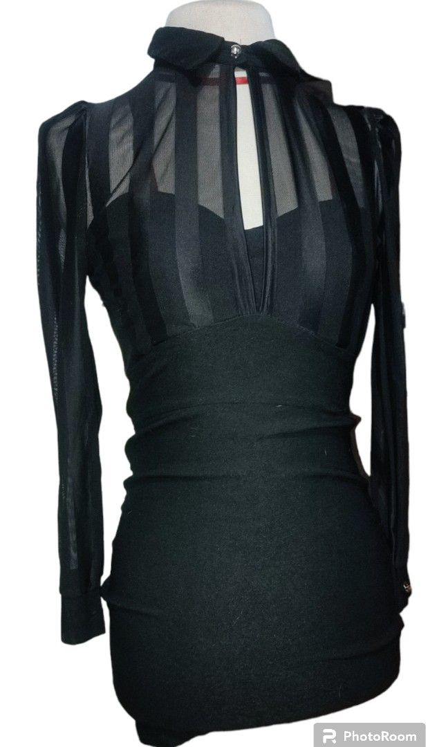 Sheer Mesh Stripes Keyhole Front Bodycon Dress Black Dresses
