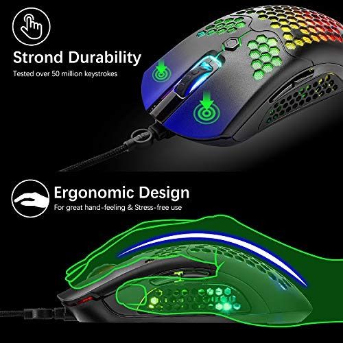 Gaming Keyboard and Mouse,3 in 1 Gaming Set,Rainbow LED Backlit Wired  Gaming Keyboard,RGB Backlit 12000 DPI Lightweight Gaming Mouse with  Honeycomb