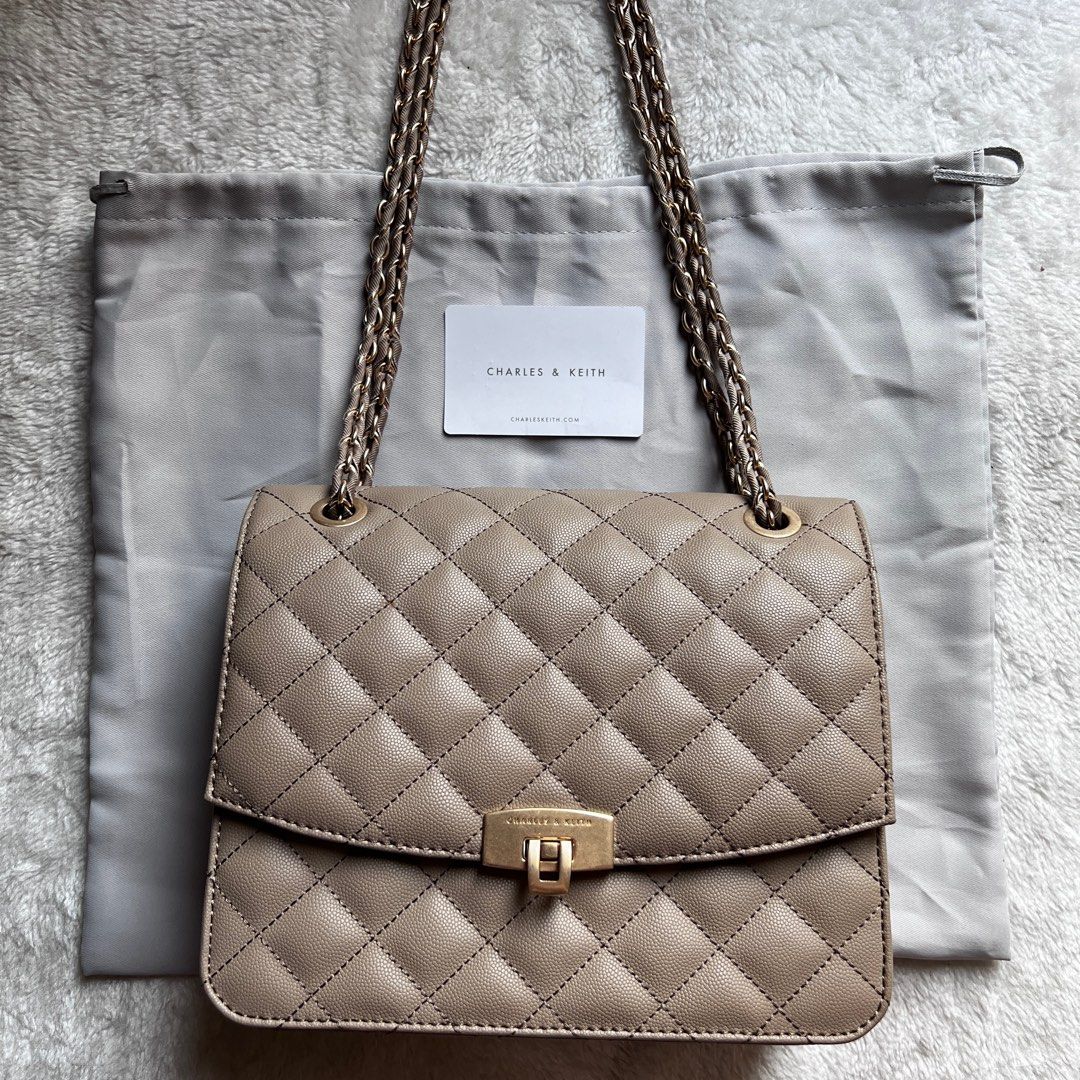 Tas Charles and Keith Quilted Chain Strap Shoulder Bag in Sand on Carousell