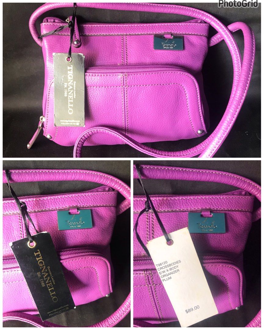 TIGNANELLO Purple Pebbled Leather Organizer Crossbody Bag Built