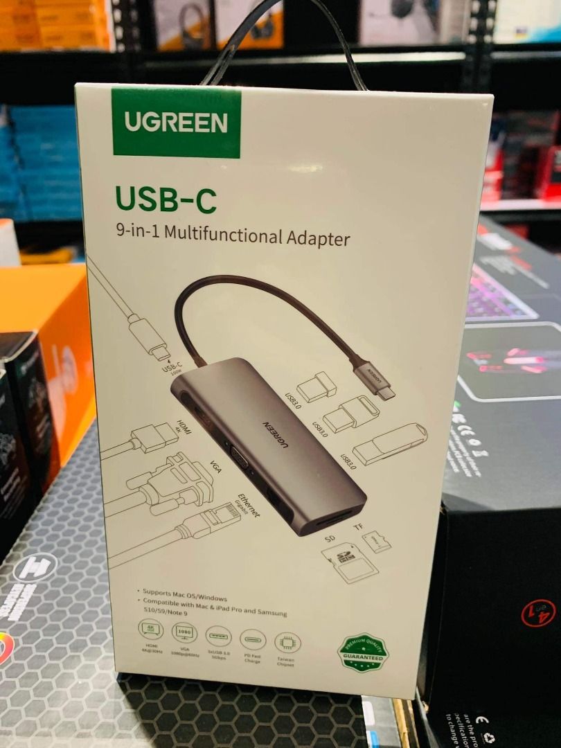 UGREEN Hub USB-C, 9-en-1 40873, 3x USB-A 3.0, 1x USB-C, 1x HDMI, 1x VGA, 1x  RJ45, 0.15 m 