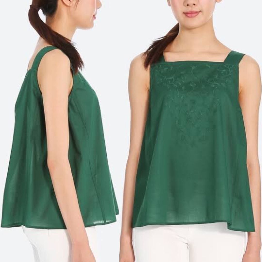 UNIQLO (thrifted) Forest Green Embroidered Sleeveless Peasant Blouse