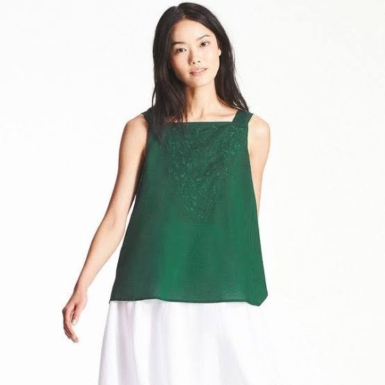 UNIQLO (thrifted) Forest Green Embroidered Sleeveless Peasant Blouse