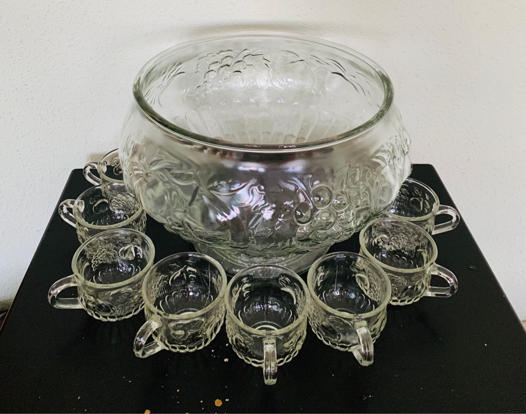 Vintage Glass Cocktail/Fruit Punch Bowl Set with 12 Cups, Furniture & Home Living, Kitchenware
