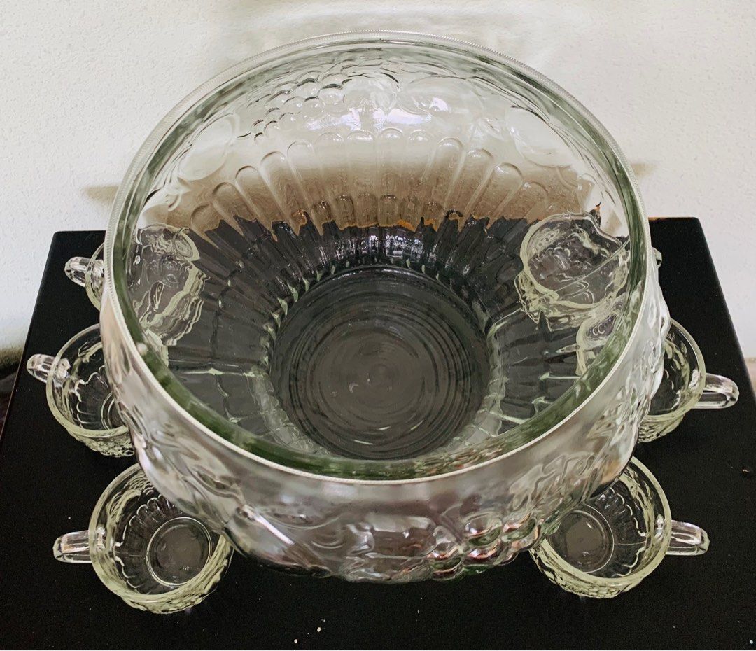 Vintage Glass Cocktail/Fruit Punch Bowl Set with 12 Cups, Furniture & Home Living, Kitchenware