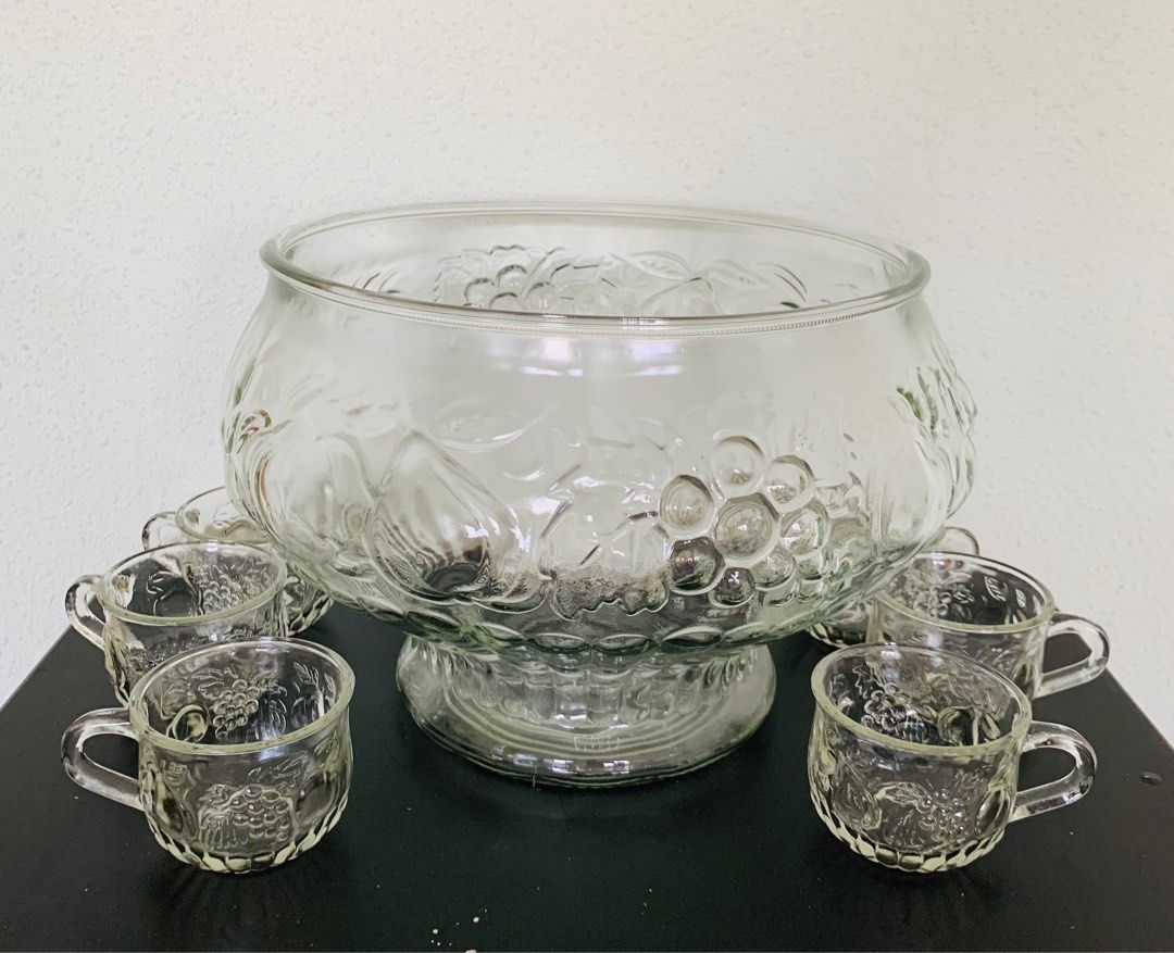 Vintage Glass Cocktail/Fruit Punch Bowl Set with 12 Cups, Furniture & Home Living, Kitchenware