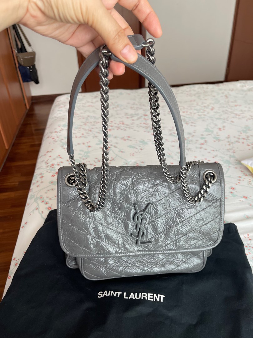 Saint Laurent Niki Large Shopping Bag In Crinkled Vintage Leather in Gray