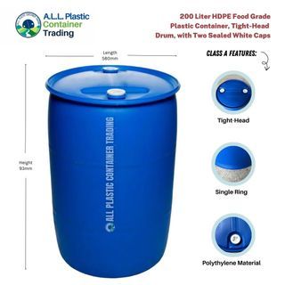 200 Liter Heavy Duty Plastic Container Drum (Food Grade) Glucose Barrel Water Safe Food Storage Double Ring Single Ring