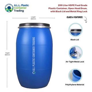 220 Liter Heavy Duty Plastic Container Drum (Food Grade) Open Top Barrel with Cover and Lock Water Safe