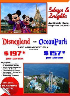 3D2N Disneyland or Ocean Park Land Arrangement only