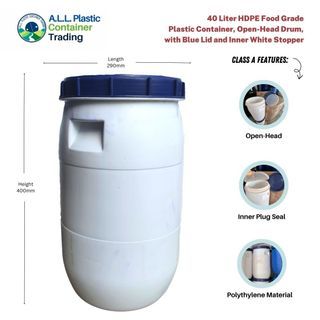40 Liter Heavy Duty Plastic Container Drum (Food Grade) Open Top Barrel with Cover and Threadlock Water Safe, Pet Food Storage, Pots and Planters, Rice Storage Dispenser