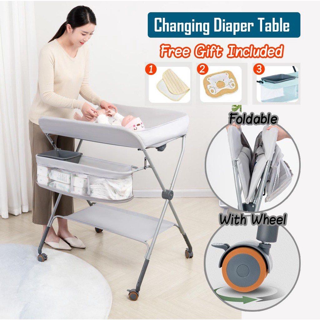 Adjustable Height Baby Folding Changing Table Station with Wheels