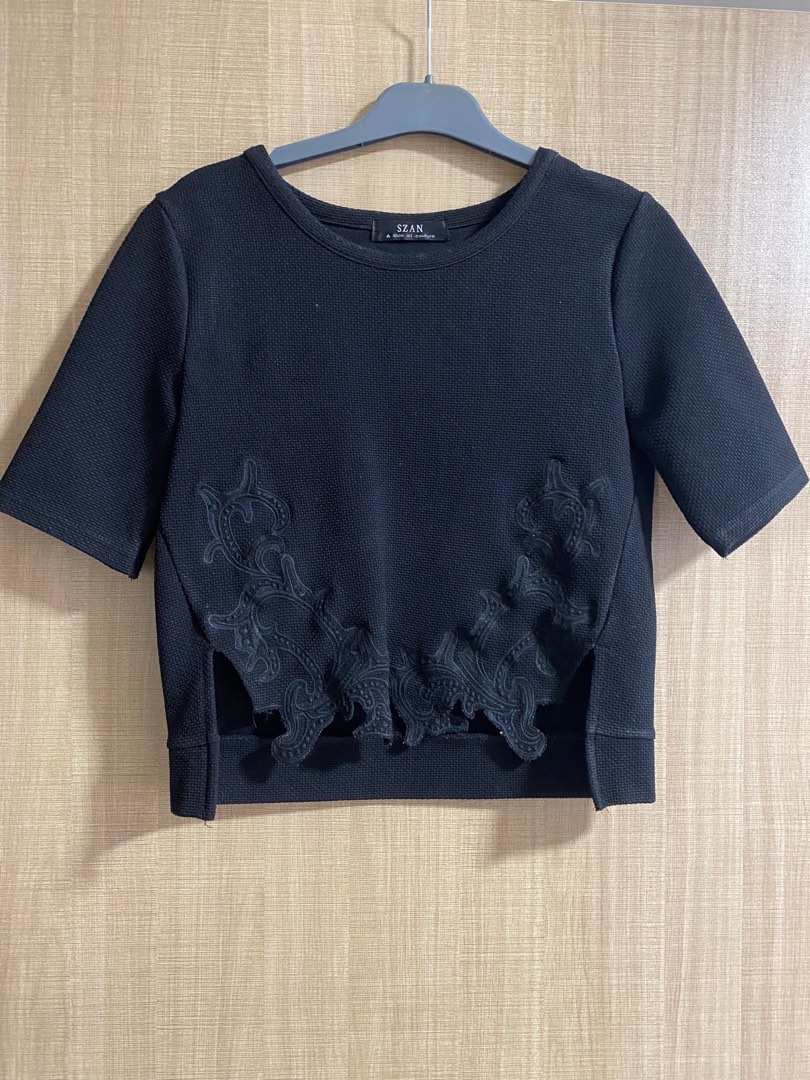 Black crop lace top, Women's Fashion, Tops, Blouses on Carousell