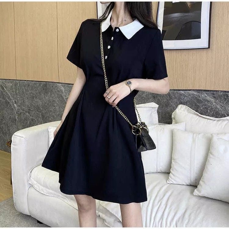 Black Simple Dress With white collar youth style Women s Fashion