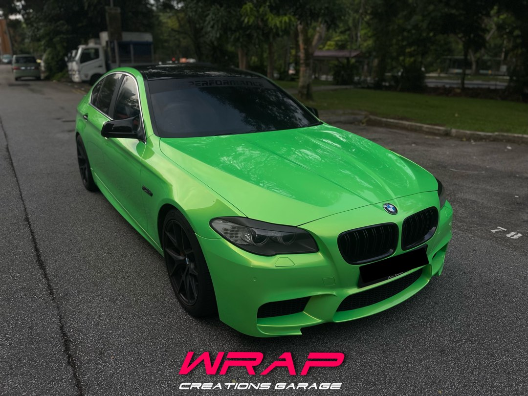 BMW F10 Full Body Vinyl Wrap Florescent Metallic Apple Green Gloss, Car