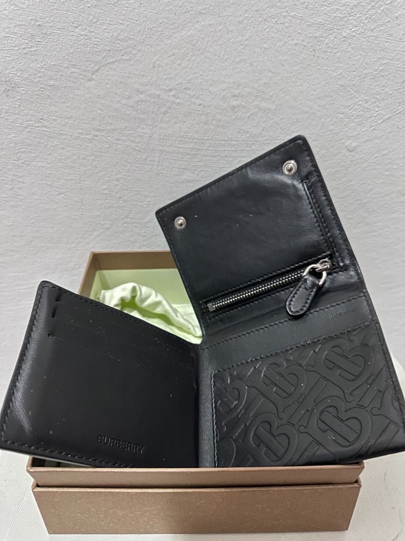 Burberry Monogram Embossed Leather Trifold Wallet Men s Fashion