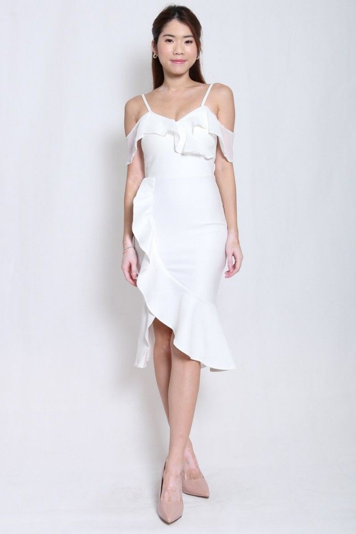 White cold top shoulder midi dress