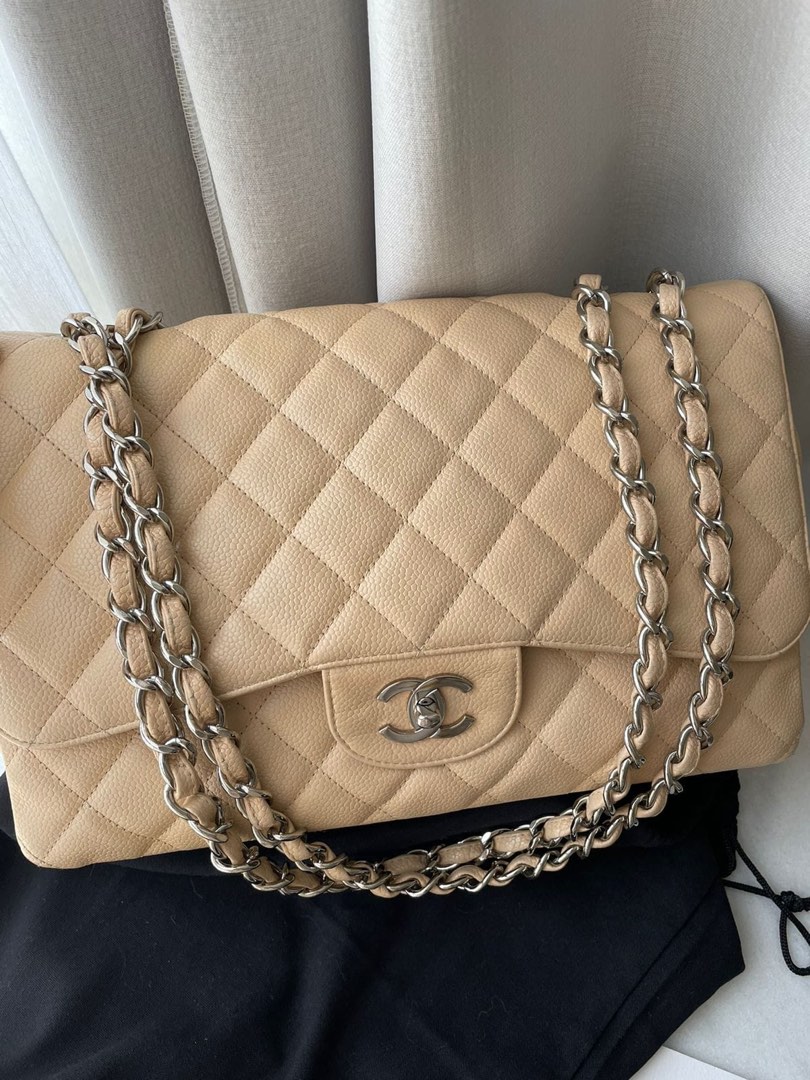 Chanel Jumbo beige caviar seri 12, Fesyen Wanita, Tas & Dompet di