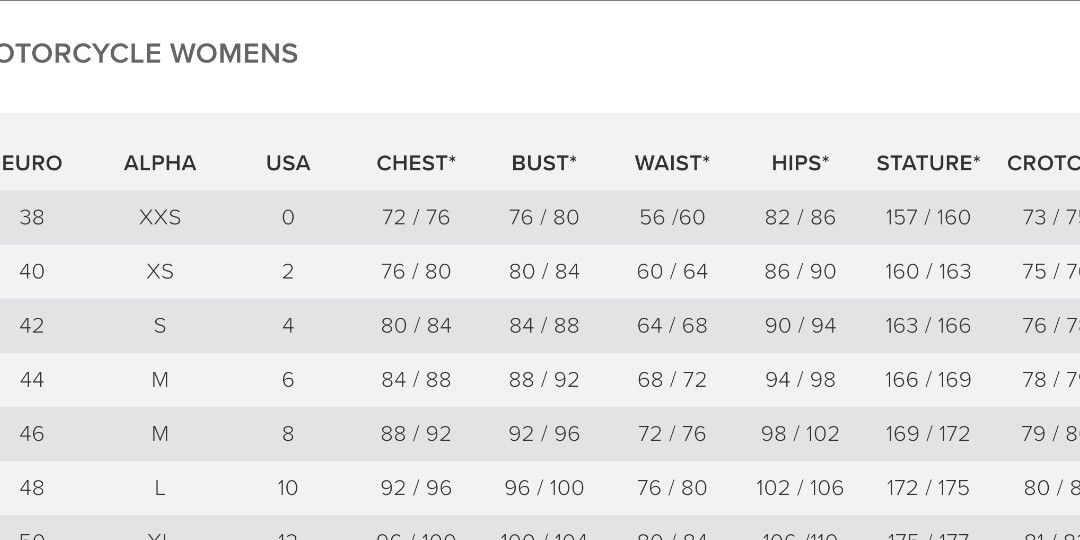 Dainese women's jacket size chart sale