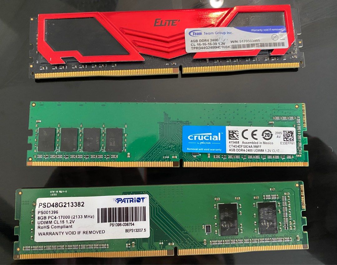DDR4 Memory Modules (Category: Computer Parts) located in Singapore. Submitted by wackyice (Listing ID 1235526349, Image 1). Description: 5$ each Elite 4GB DDR4 2400 Crucial 4GB DDR4 2400 Patriot 8GB PC17000 - Sold Pick up @ Punggol 822635.