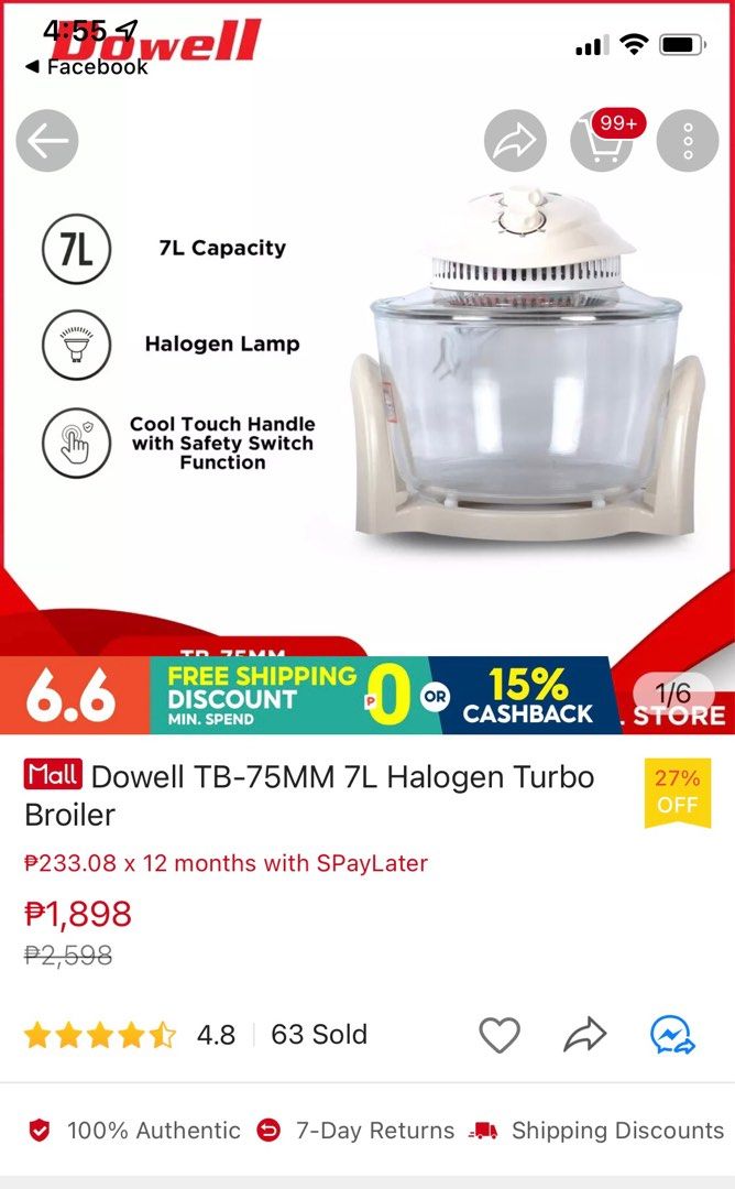 Dowell 7L Halogen Turbo Broiler (Category: Cookware & Accessories) located in Manila. Submitted by doodledoo_06 (Listing ID 1235596077, Image 1). Description: Hi! Selling this Dowell 7L Halogen Turbo Broiler. Almost new as it was bought last April and was only used once, already have an air fryer so I won’t be needing it anymore. PM for inquiries. Thank you and have a nice day. :) *buyer will shoulder the shipping fee.