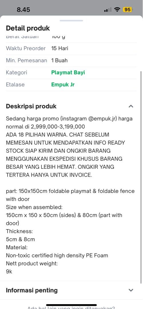 NETT PRICE Empuk Jr Nest+ Playmat Bumpermat Vikendi 150 x 150 (lebih