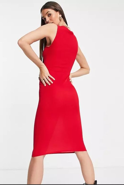 Flounce London Tall ribbed midi dress in red, Women's Fashion