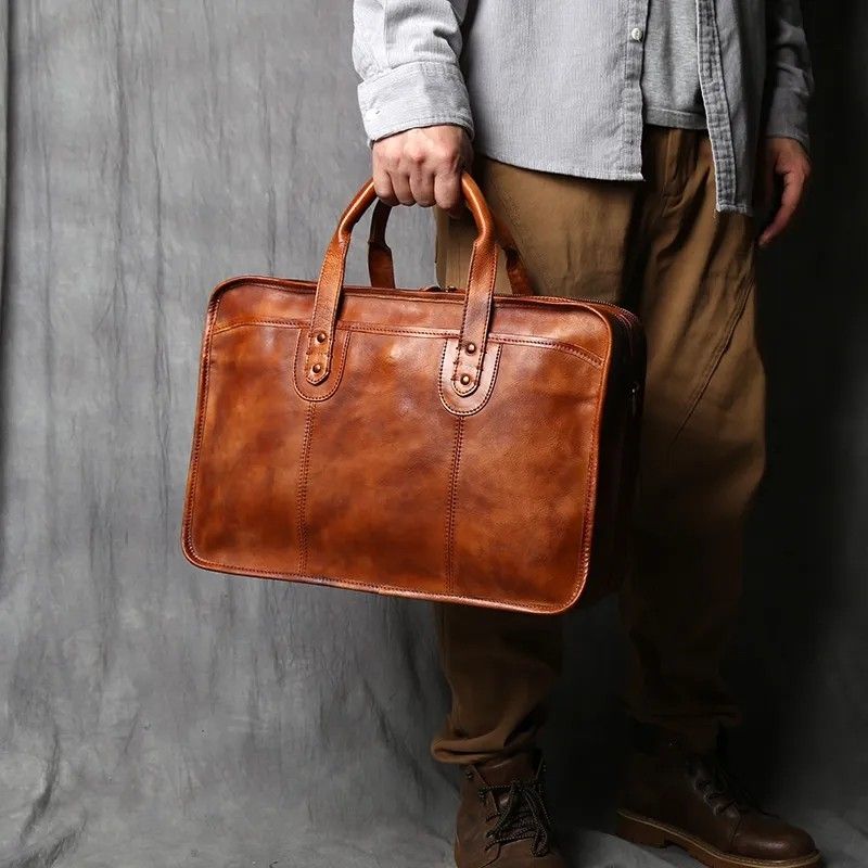 Genuine leather men briefcase vintage brown black