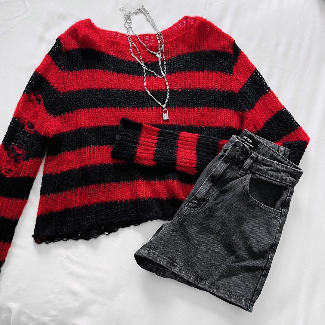 Goth Grunge Striped Knit Ripped Cropped Sweater in Red Black