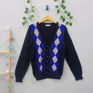 ‼️HARGA NETT‼️ Unisex Cardigan Soft Knit Rajut Halus Lembut Adem Premium Baju Hangat Musim Hujan Dingin Fall Autumn Spring Pattern Motif Argyle Diamond Ketupat Wajik Vintage Retro Black Navy