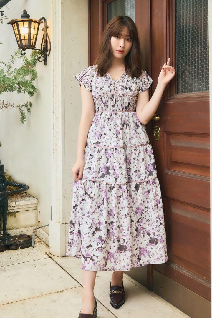 Herlipto Watercolor Floral Tiered Dress 粉色S