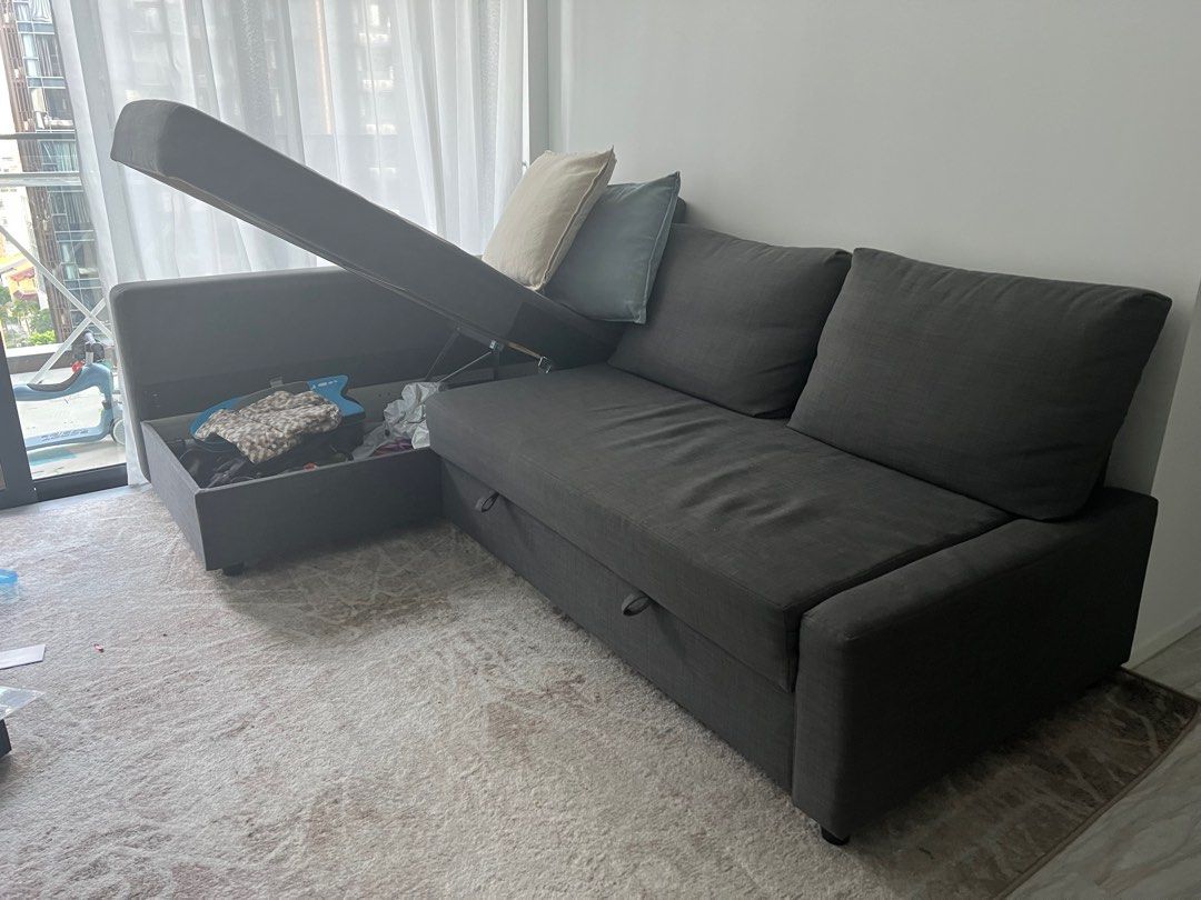 IKEA FRIHETEN Corner sofabed with storage, Hyllie dark grey, Furniture